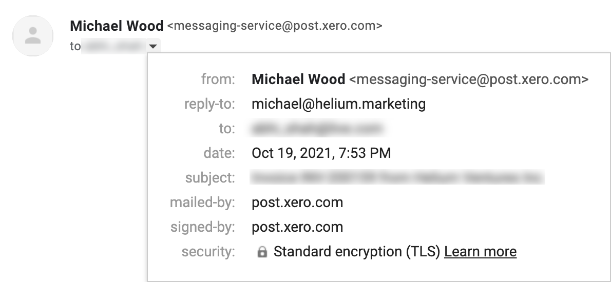 Screenshot of a Gmail email showing the mailed-by property of post.xero.com